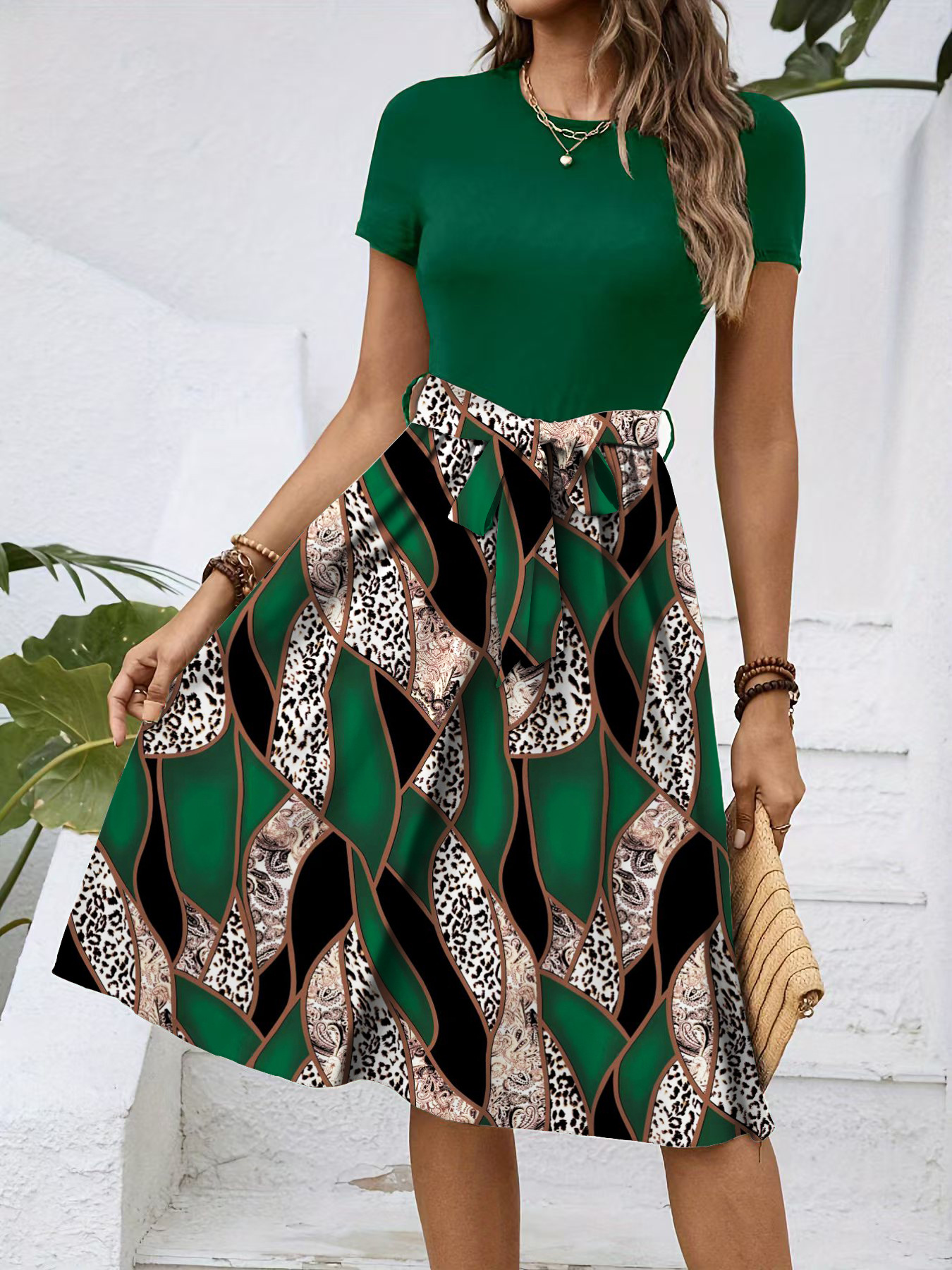 Europe and the United States cross-border Amazon Temu fashion trend temperament round neck short sleeve waist full body printed long dress