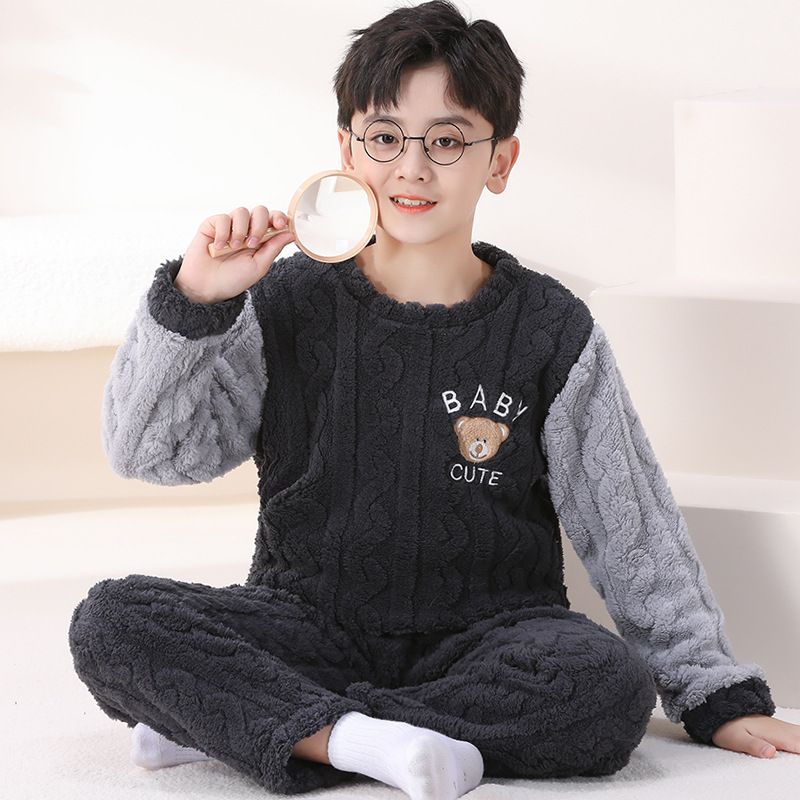 Boys' Pajamas Thickened fleece-lined Autumn and Winter Home Clothes Coral Fleece for Boys Middle and Big Children Flannel Children's Winter Clothes