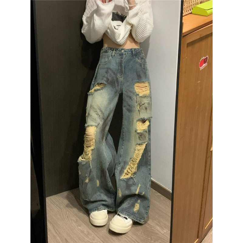 American-style Retro Tie-dyed Small Wasteland Ripped Wide-leg Jeans Women's Summer Loose High Waist Slimming Straight Pants