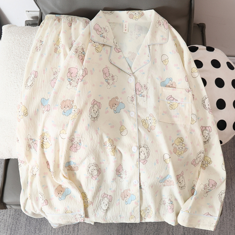 Picture of Online Celebrity Live Dopamine Color Striped Long Sleeve Pajamas Women's Loose Bubble Wrinkle Cute Cross-border suit Foreign Trade