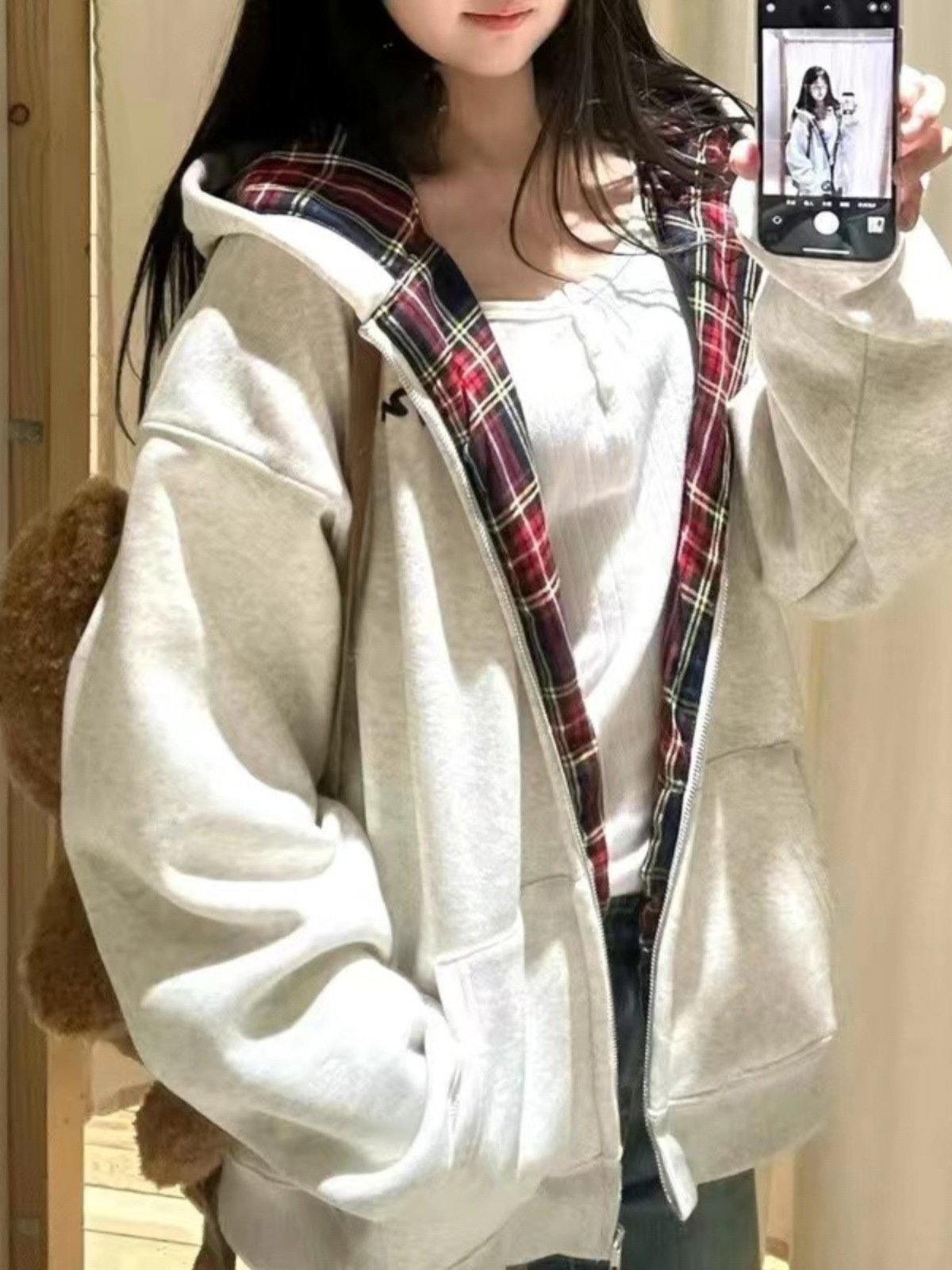 American Style Retro Plaid Hooded Sweater Women's Spring and Autumn oversize Thin Jacket Loose Lazy Style Cardigan Top