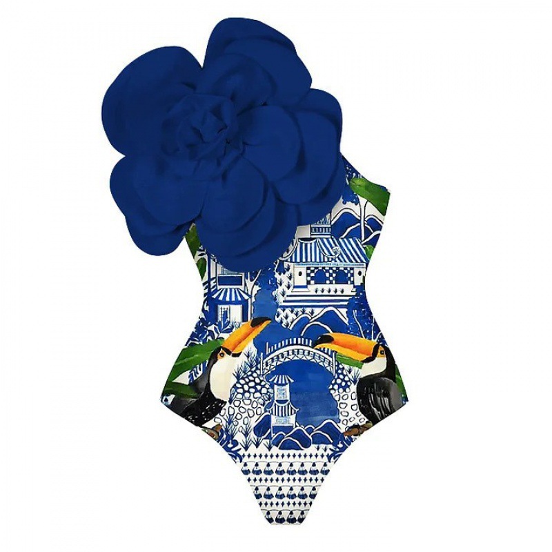 Picture of 2024 Amazon AliExpress one-piece swimsuit 3D big flower decoration sexy Peco Peco print swimsuit suit women
