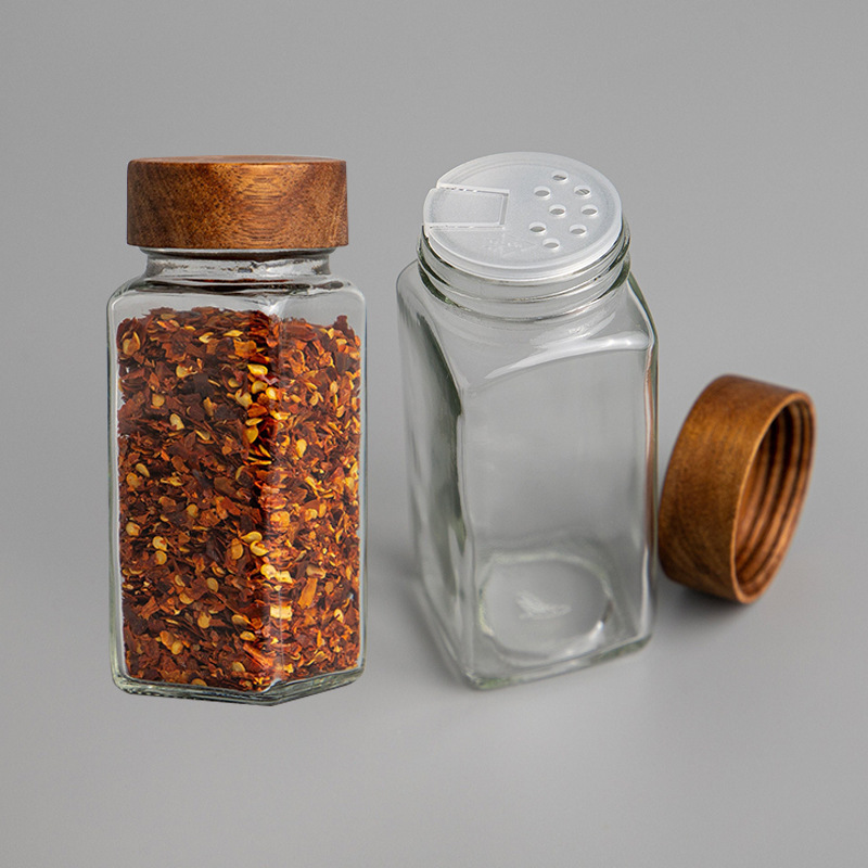 Picture of Wholesale Acacia Wood Cap Seasoning Bottle 120ml Square Lead-Free Glass Seasoning Jar Kitchen Spice Bottle 4oz Seasoning Bottle