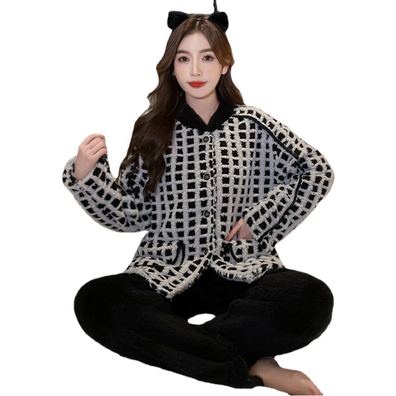 High-end Autumn and Winter Coral Fleece Pajamas Women's Large Size Long-sleeved Suit Thickened Fleece-lined Flannel Cardigan Home Clothes