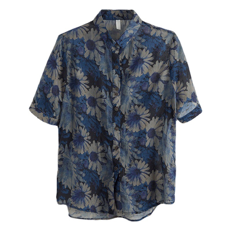 Real Shot in stock plus size 2025 Summer New Fashionable Slimming Short Sleeve Western Style Casual Loose Flower Pattern Shirt
