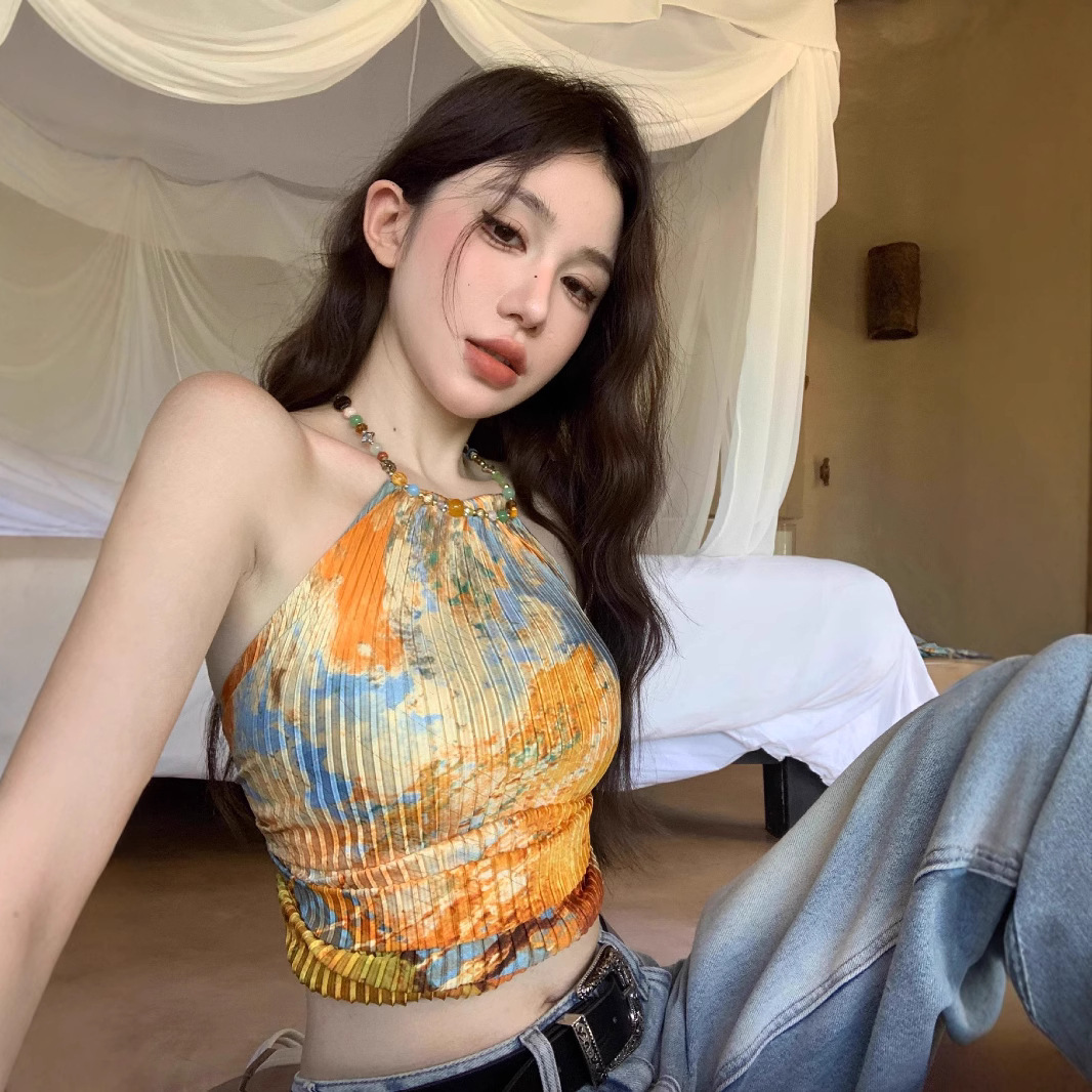 Vacation Style Seaside Wear Oil Painting Short Vest Women's Summer Sexy Hanging Neck Strap Niche Design Tops