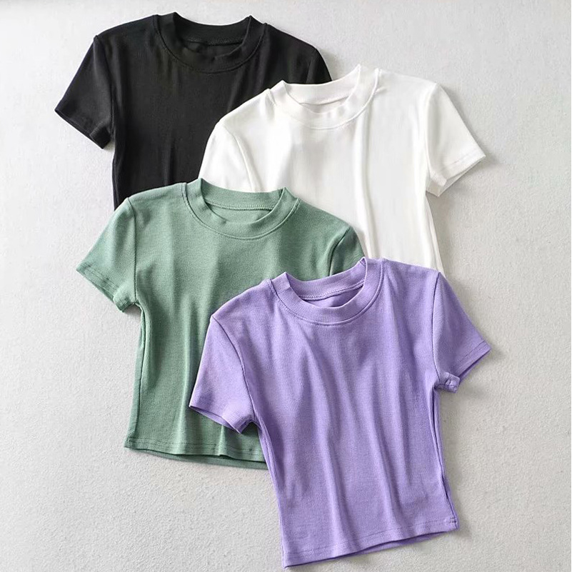 Summer Ins Super Fire Top European and American Short-sleeved Round Neck T-shirt Women's Short High Waist Base Shirt All-match Slim-fit Stretch