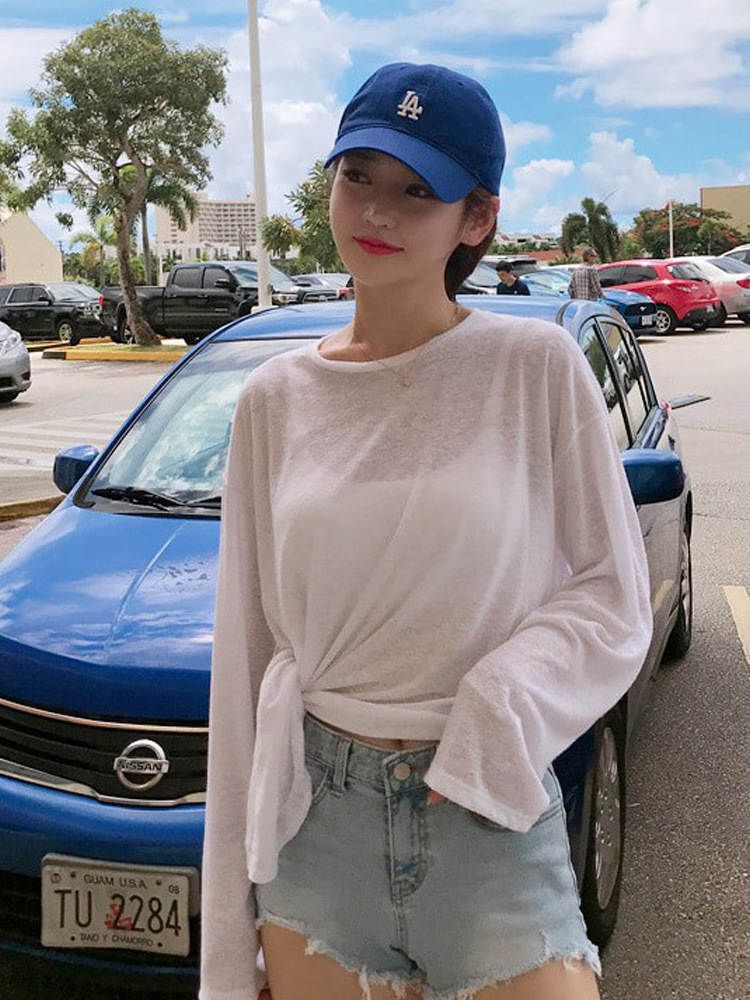 Picture of Hot Sale South Korea Elegant Strap Fashion Split Loose Long-sleeved T-shirt Women's Sunscreen Blouse Outer Thin Sexy Trendy