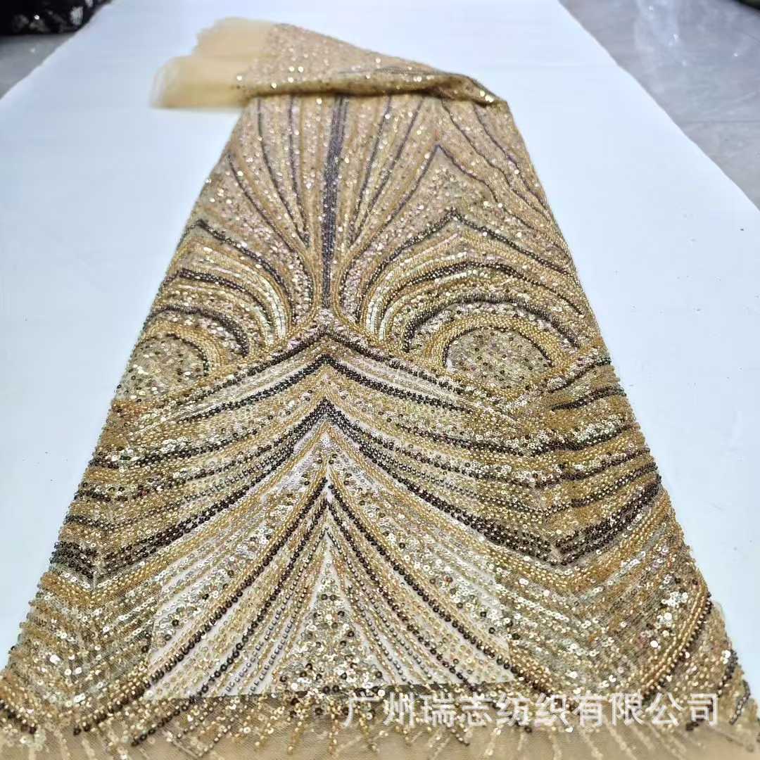 Middle Eastern irregular striped bead tube sequin embroidery European and American fashion wedding dress lace fabric Beaded Lace