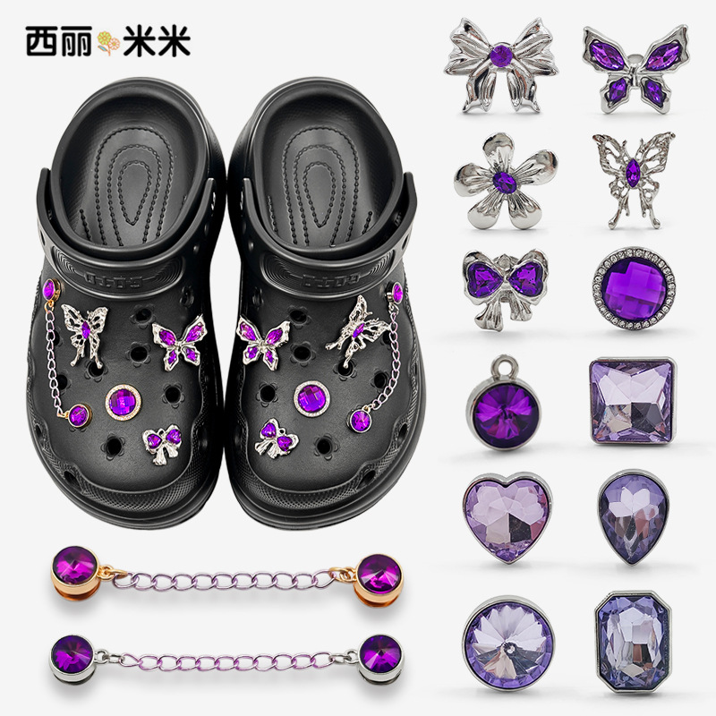 2025 New Metallic Purple Bow Floral Geometric Edge Glass Rhymer Integrated Clog Accessories
