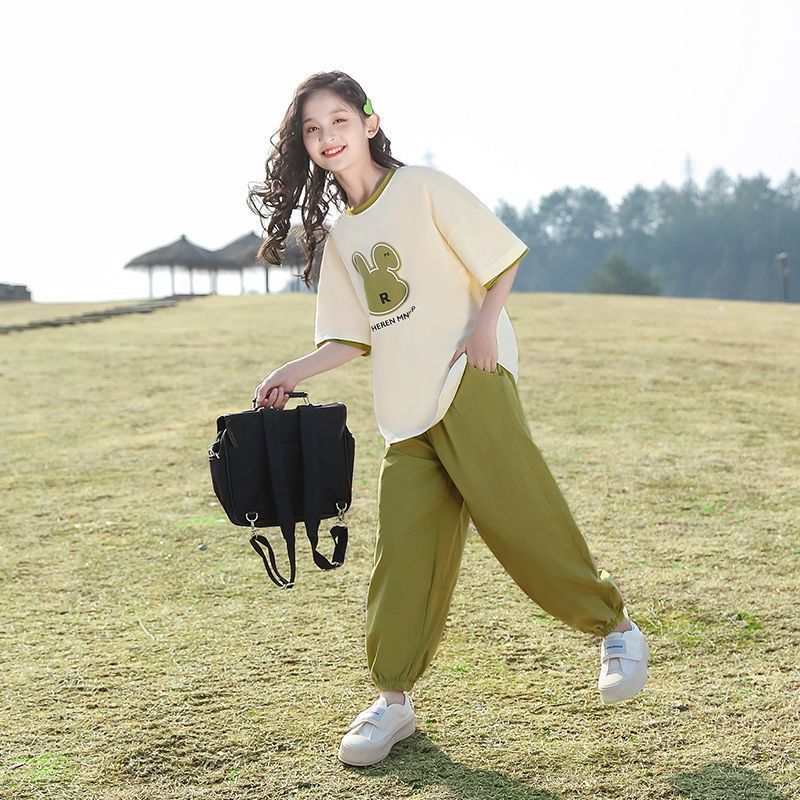 Internet Celebrity Girl's Summer Suit 2023 New Children's Cartoon Letter Short-sleeved Girl's Casual Two-piece Set