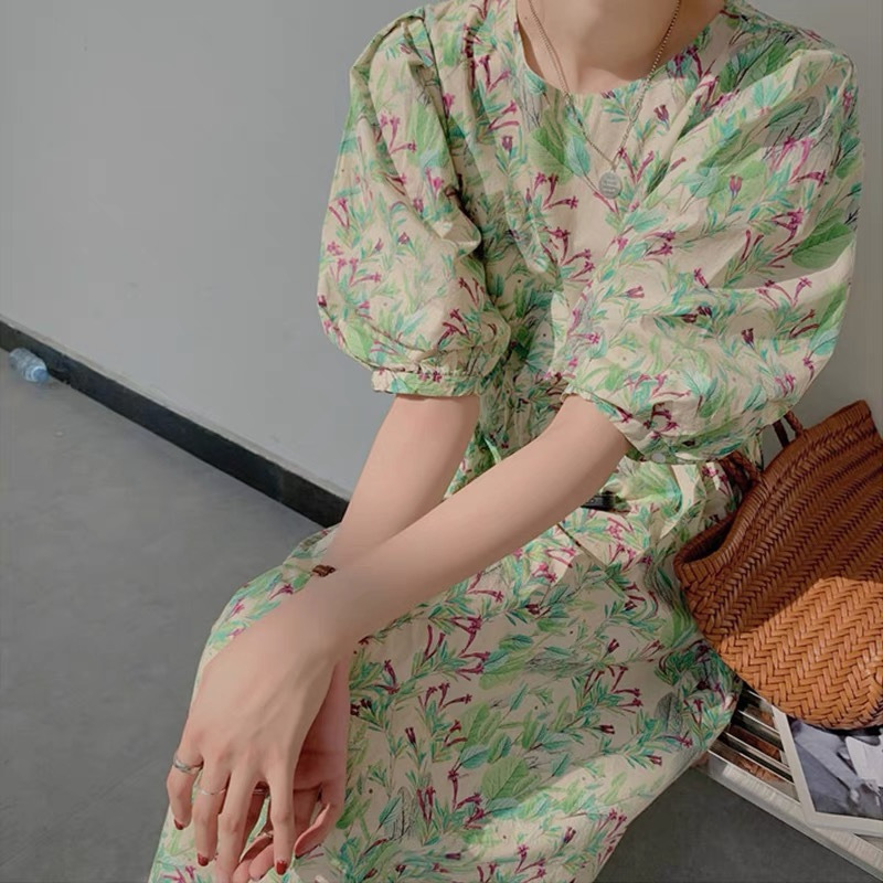 Picture of plus size French Style Retro Floral dress Women's Summer New High-end Loose Slimming Sweet Puff Sleeve Long Dress