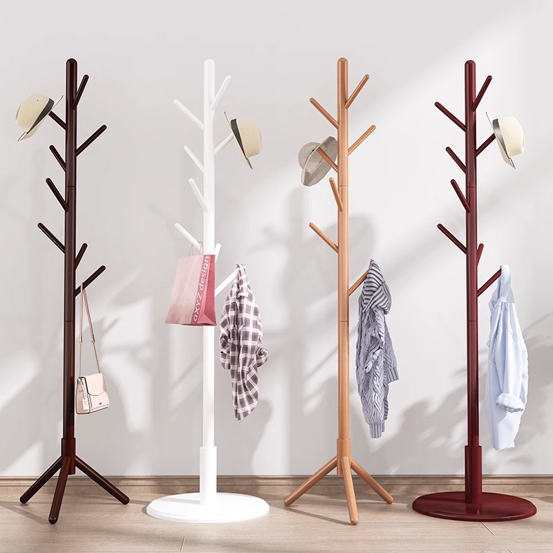 Picture of Solid wood coat rack floor-to-ceiling bedroom built-in living room hanging clothes rack home single pole vertical simple bag hanging rack