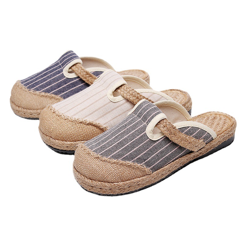 Picture of 2025 new vertical strip home cotton and linen embroidered shoes women's non-slip tpr soft bottom slippers handmade big toe shoes