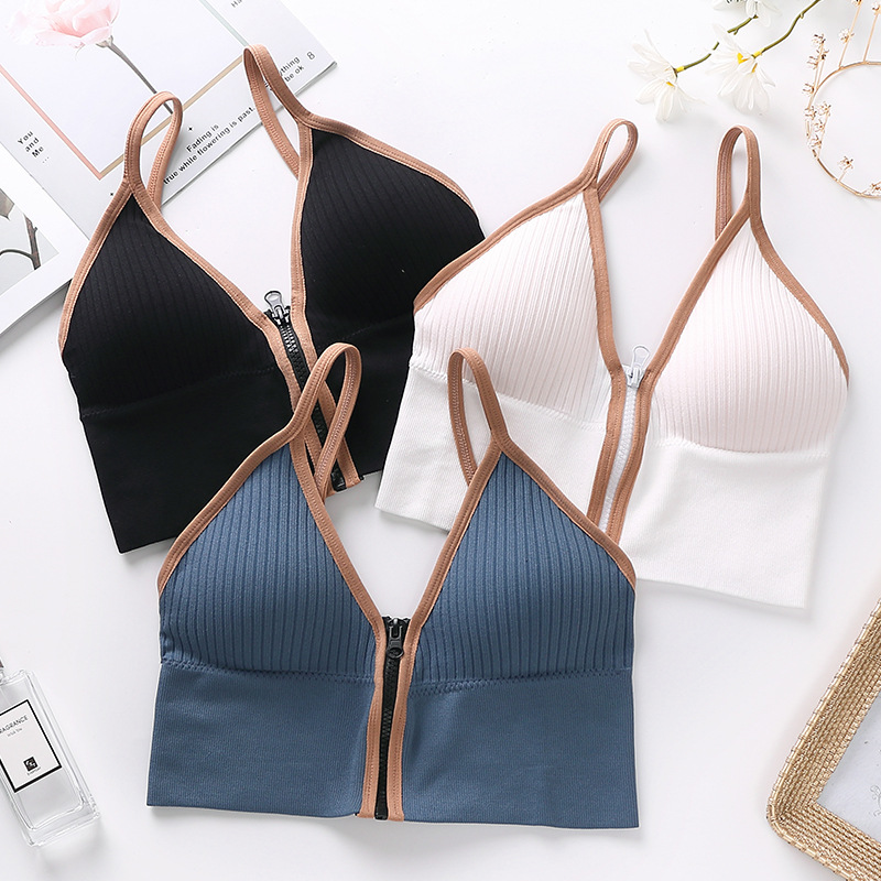 2021 Deep V Front Zipper Beauty Back Wrap Chest Women's Small Bust Gathering Anti-Exposure Camisole Summer Zipper Wrap Chest