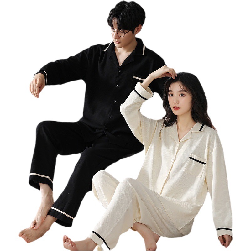 Couple Pajamas Women's Spring and Autumn New Long Sleeve Waffe Men's plus size Simple Casual Home Clothes suit Hair
