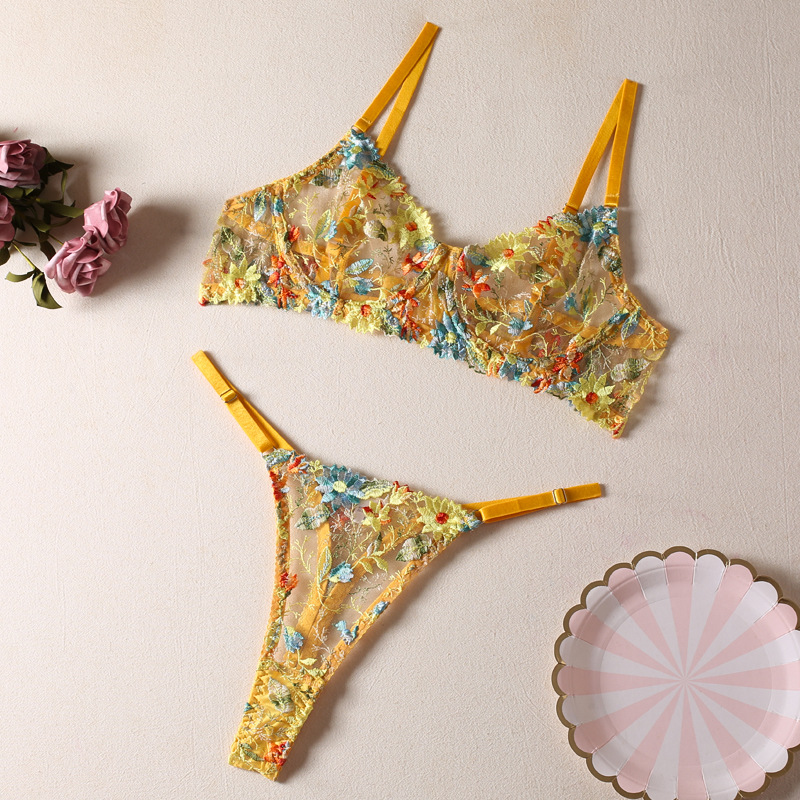 European and American New Cross-Border Embroidery Yellow Flower Bra with Steel Ring See-Through Sexy Lingerie Set Women's Two-Piece Set