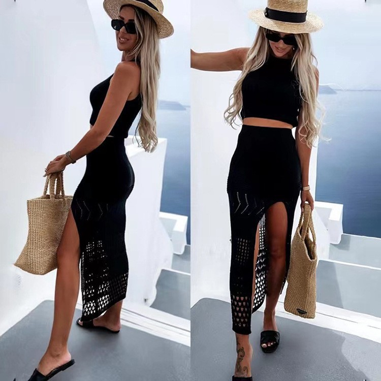 Picture of Cross-border European and American sexy beach skirt set summer sleeveless knitted short top long split skirt for women