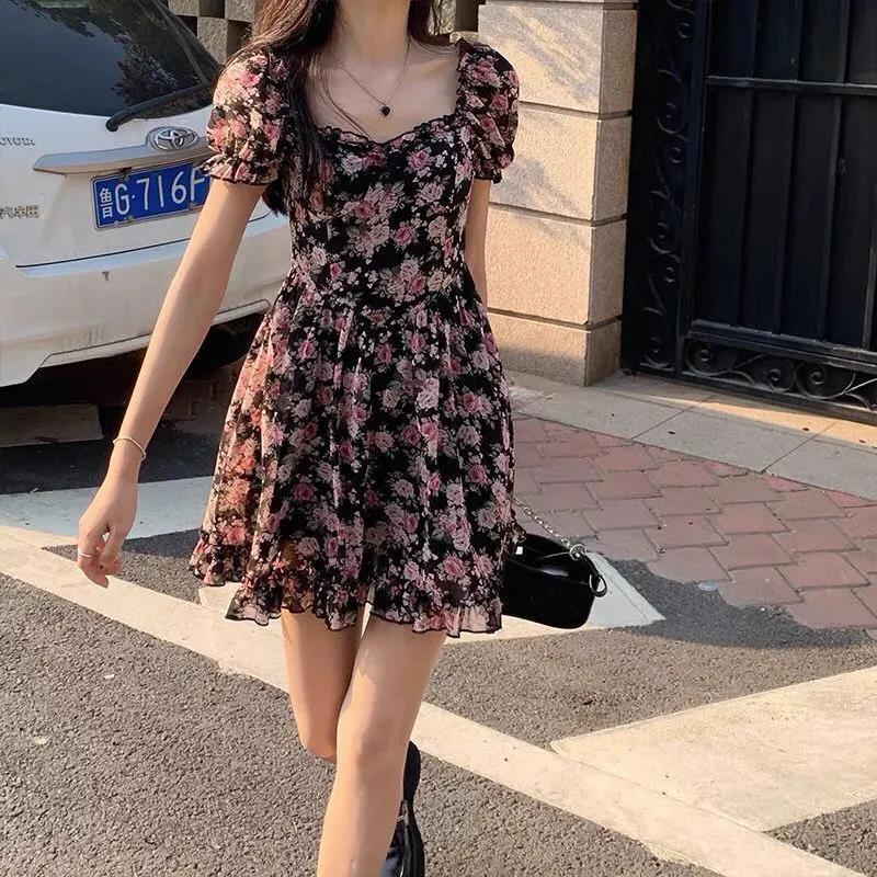 New French floral dress summer women's square collar bubble sleeve first love skirt pleated A- line skirt wholesale