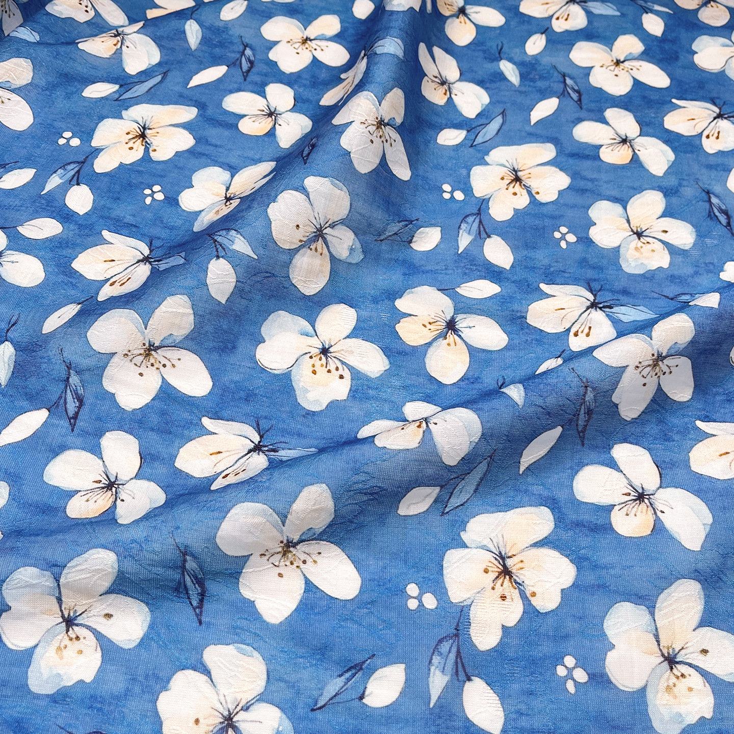 Picture of Tencel Jacquard Fabric with Blue Background and Pear Blossoms, 1.5m Width, New Chinese Style National Style Hanfu Cheongsam Dress Fabric