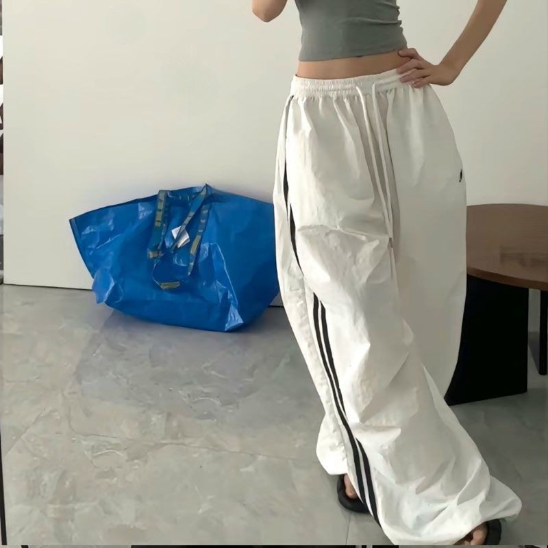 Summer Internet celebrity street slacks women's American retro trendy brand two bar laces wide leg loose student white