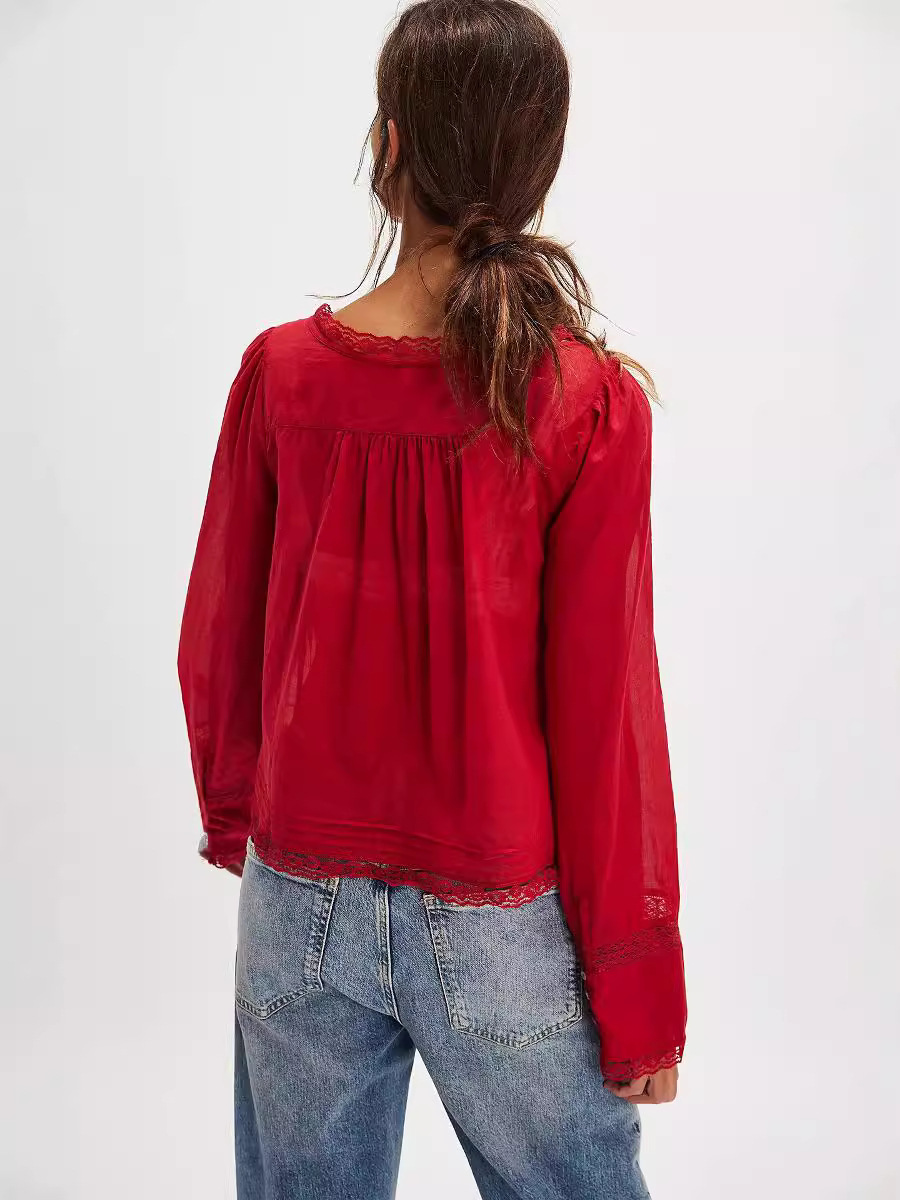 Picture of New French Niche Top Autumn Lace Shirt U-shaped Lace Collar Shirt Long-sleeved Lightweight Unique Beautiful Small Shirt