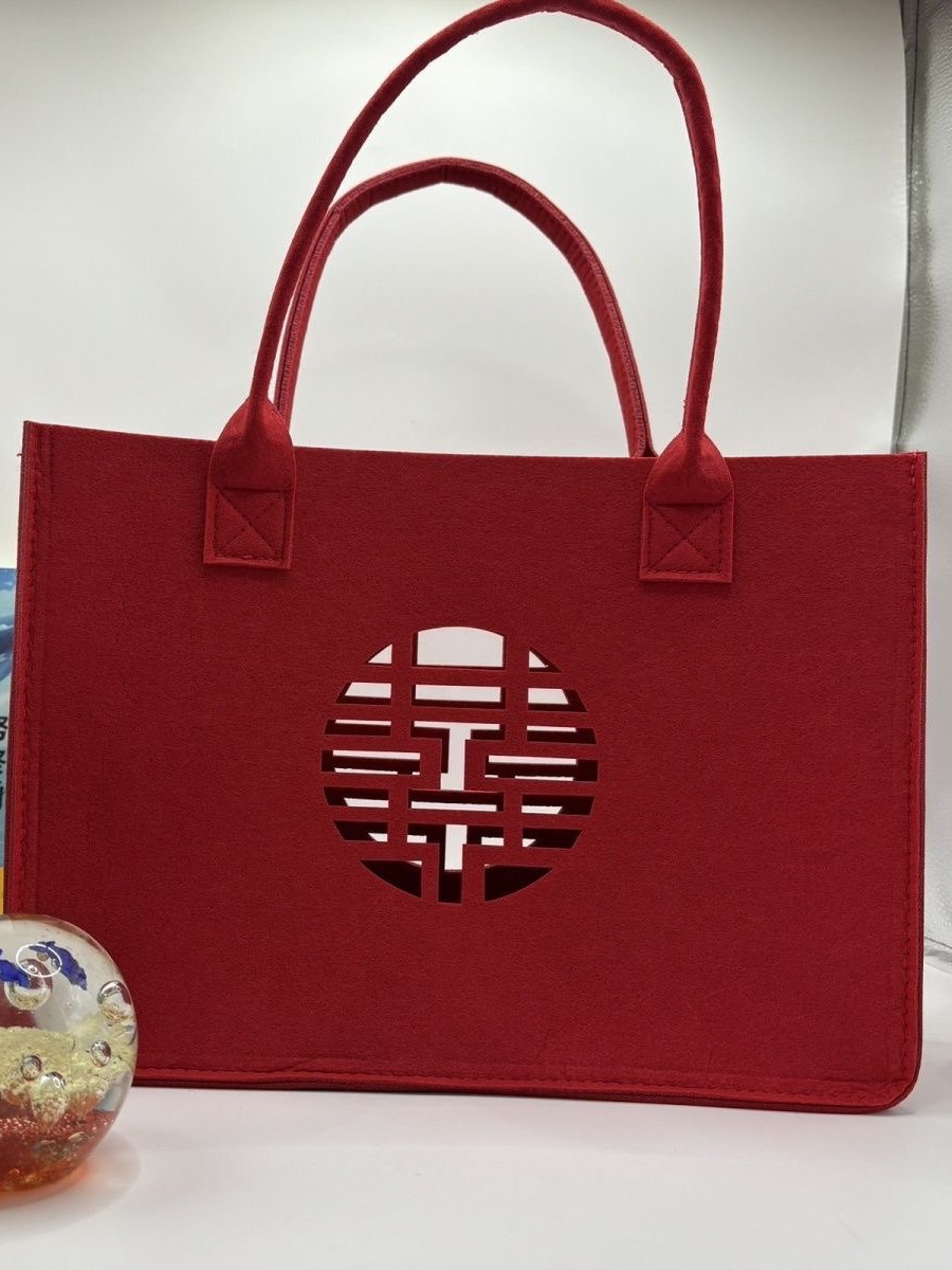 Felt Hollow-out Handbag with Happy Character Fortune Character Wedding Storage Accompanying Gift Chinese Wedding Gift Handbag