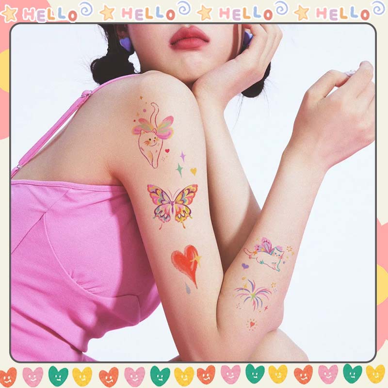Picture of Flower Butterfly Tattoo Sticker Flower Cat Cute Ins Style Fireworks Waterproof Lasting Washable Sticker Sexy Girl