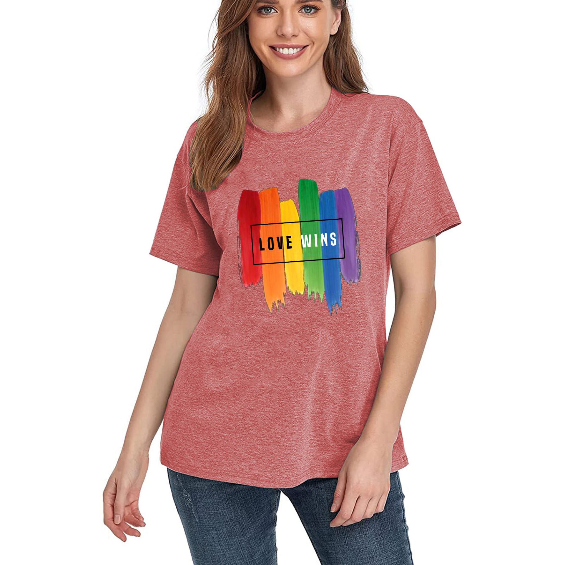 Cross-Border spring and summer women's LOVE WINS rainbow printed short sleeve loose color cotton pull frame short sleeve t-shirt