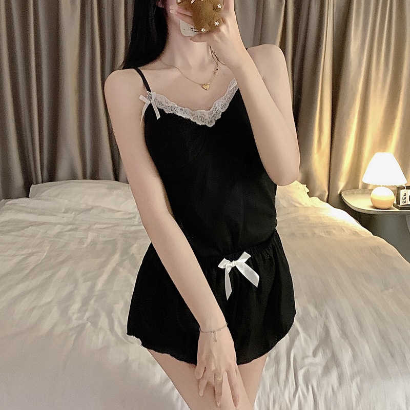 Summer Sexy Pajamas with/without Pad Women's 2024 Sling Shorts suit Imitation Cotton Internet Popular Pure Desire Style Home Clothes
