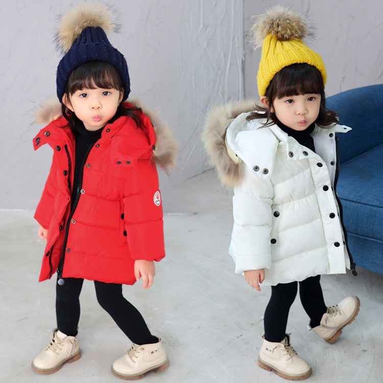 Children's Cotton-padded 2019 Winter Baby Girl Thickened Fleece-lined Hand-stuffed Cotton Mid-length Fur Collar Baby Boy's Coat