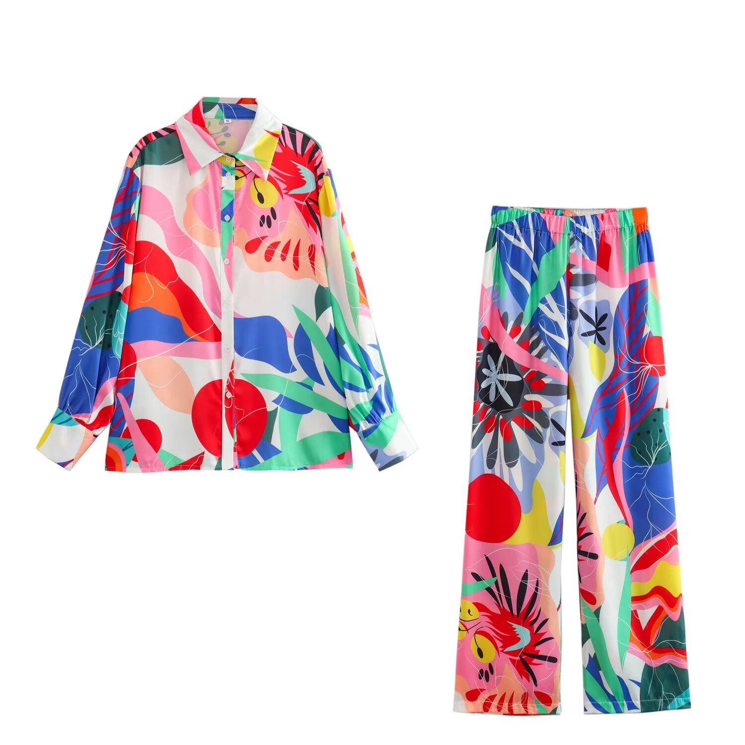 2024 foreign trade cross-border European and American women's long sleeve satin printed shirt 20304 20305