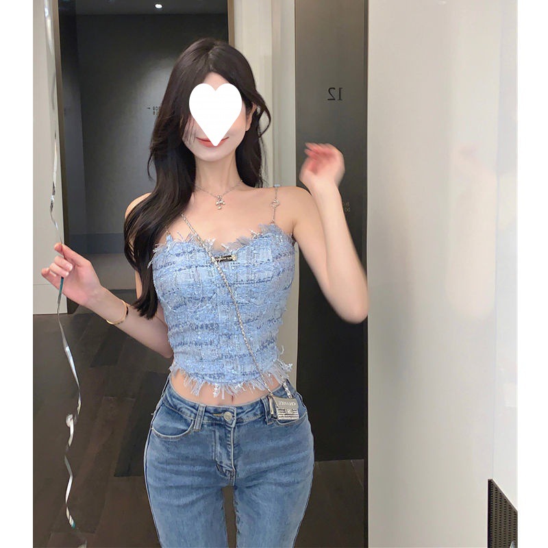 Blue Tassel Camisole Women's Summer Sweet Spice Girl Outer Design Pure Inner Short Top