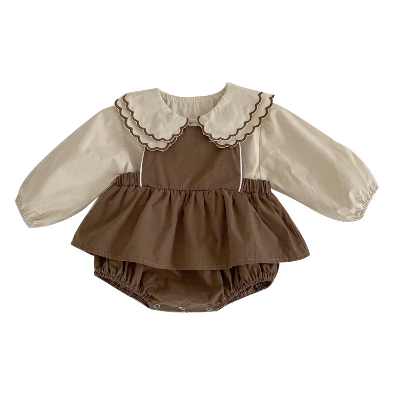 Picture of 2025 New Fashionable Baby Girl Sling Romper Bag Fart Clothes Baby Dress + Doll Collar Shirt Two-Piece Set