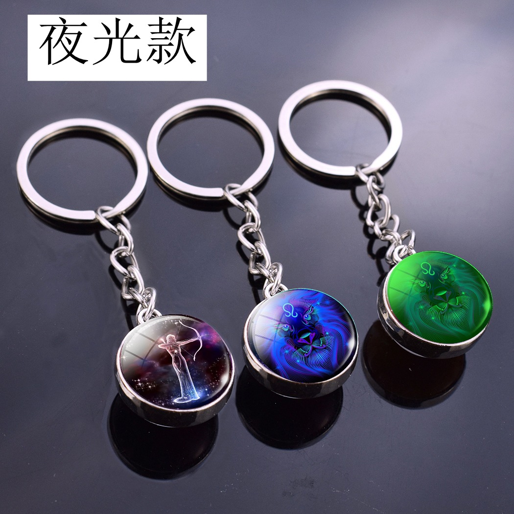 Luminous 12 Constellation Keychain Double-Sided Convex Round Glass Ball Keychain Key Chain Wish Aliexpress Hot