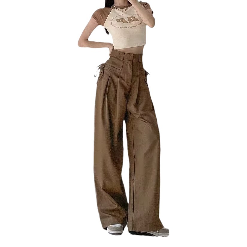 Casual American style overalls loose wide leg suit pants women's autumn mopping drape high waist straight trousers New