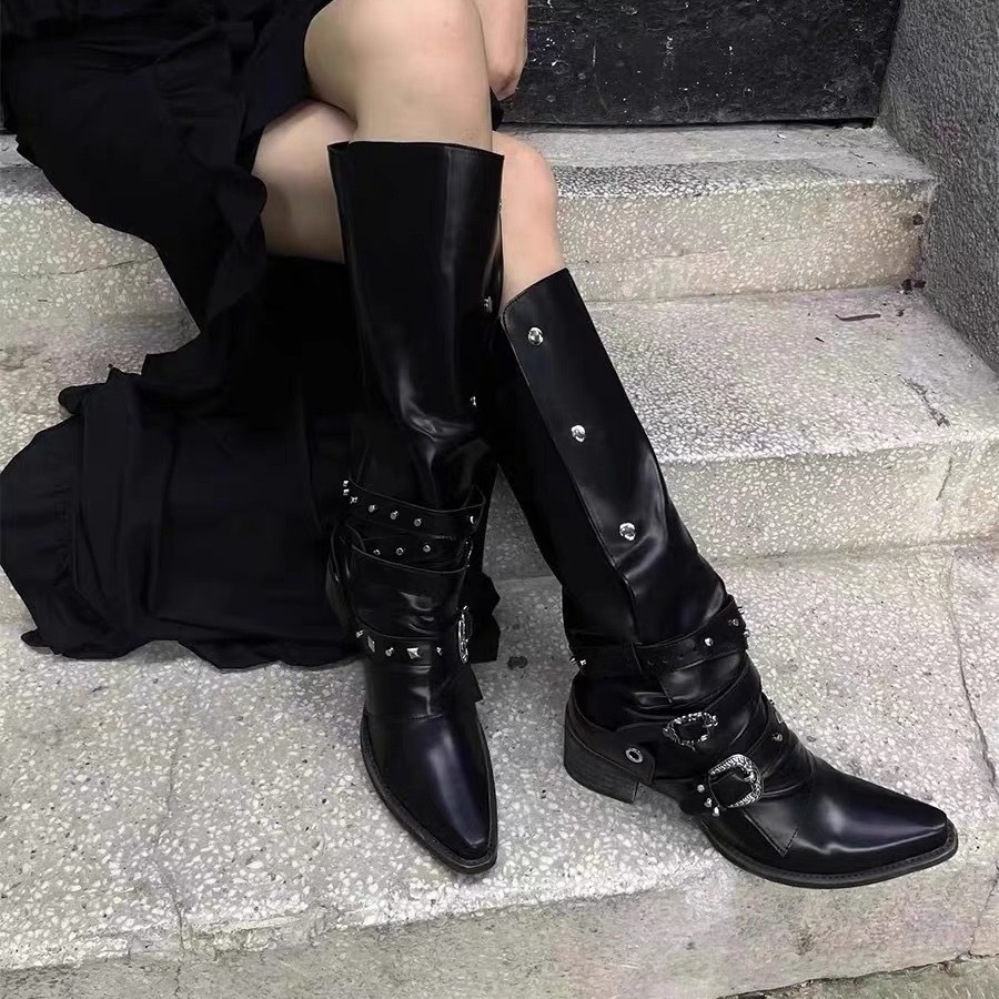 Pointed Hot Girls Thick Heel Knights Boots Black Punk Style Niche Personality Retro Long Boots American Wasteland Style Boots Women
