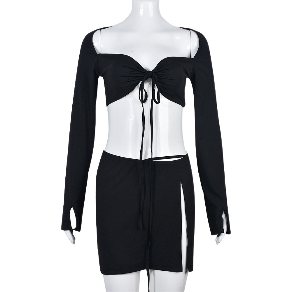 Amazon Cross-Border European and American Clothing 2025 Autum New Sexy Slit Long-Sleeved Chest-Wrapped Skirt Suit 9076Sd