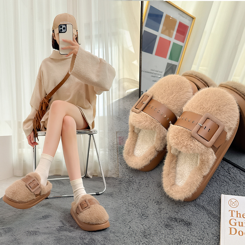 Thick-Soled Baotou Furry Slippers for Women's Outer Wear 2025 Winter New Belt Buckle Warm Plush Slippers Wholesale Cross-Border
