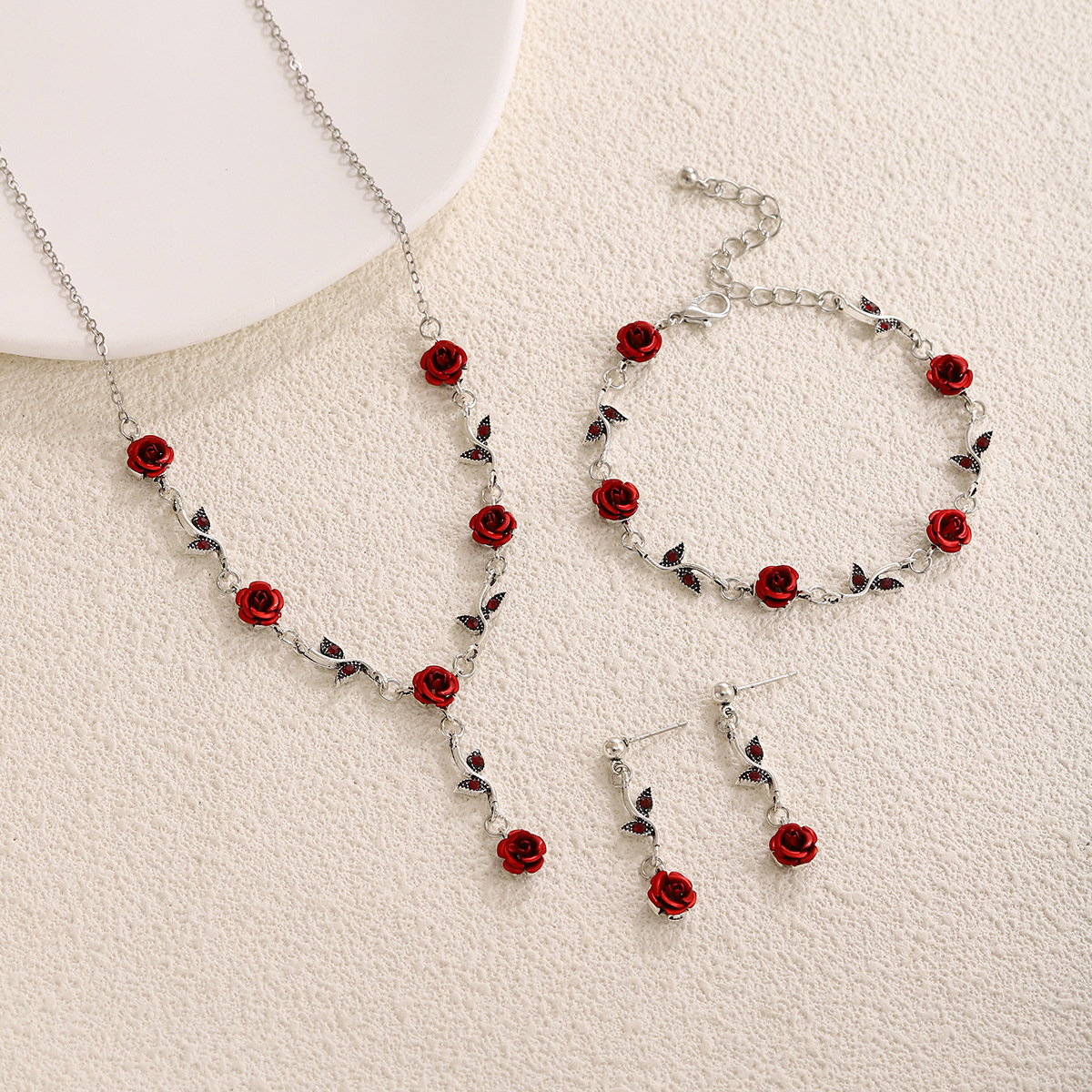 Picture of French Girl Mori Rose Earrings Vintage Romantic Red Flower Bracelet Niche Design Sense Necklace suit