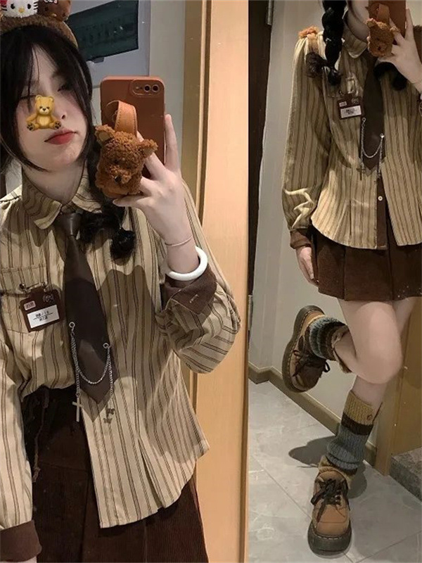 Niche Design Sense Long Sleeve Shirt Women's Spring and Autumn New Retro Striped Shirt Loose College Style Small Top