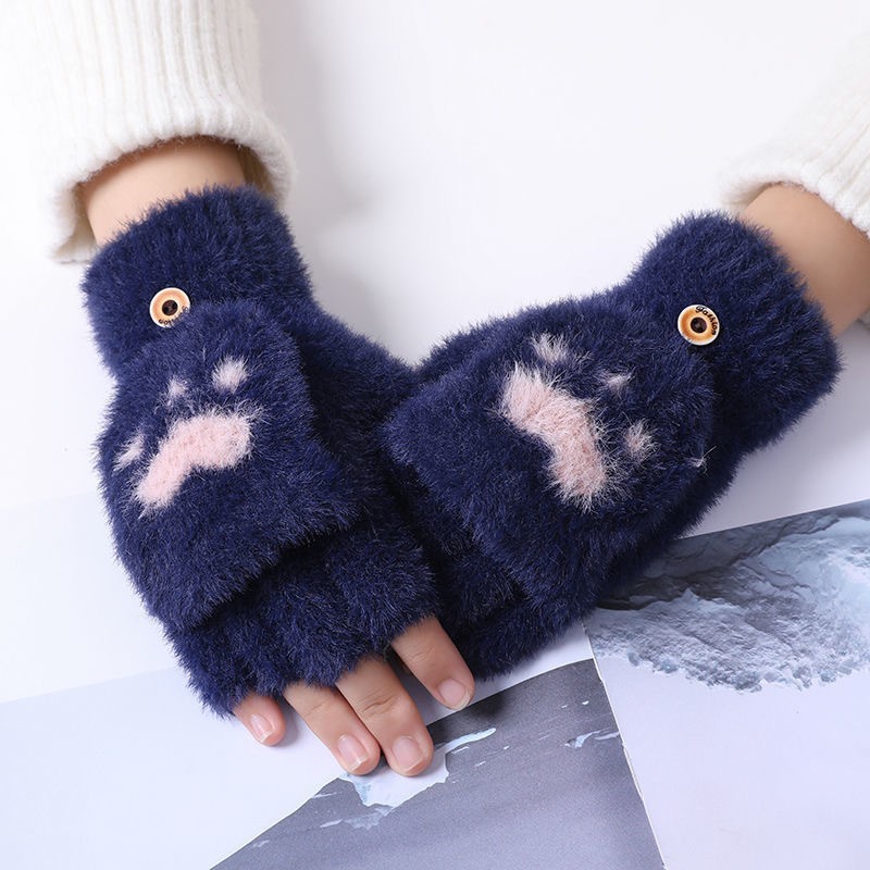 Cat's Claw Gloves Women's Winter Warm fleece-lined Thickened Student Trendy Writing Cycling Cute Knitted Half Finger Flip Cover Gloves