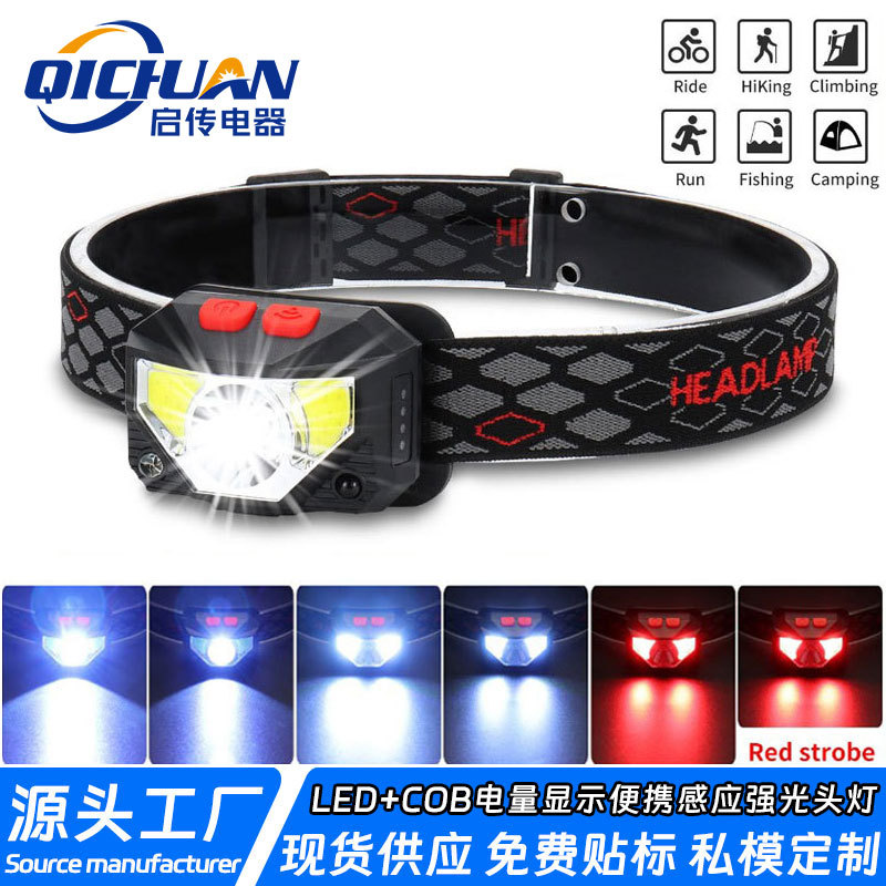 Cross-Border Multifunctional Sensor Headlamp with Strong Light Display, Head-Mounted Cycling Light, Portable Rechargeable Outdoor Fishing Mini Headlamp