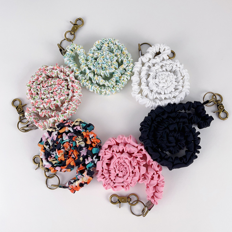 Pleated Scrunchie Solid Color Fabric Chain Pendant European and American Creative Keychain Work Id Elastic Lanyard Pendant