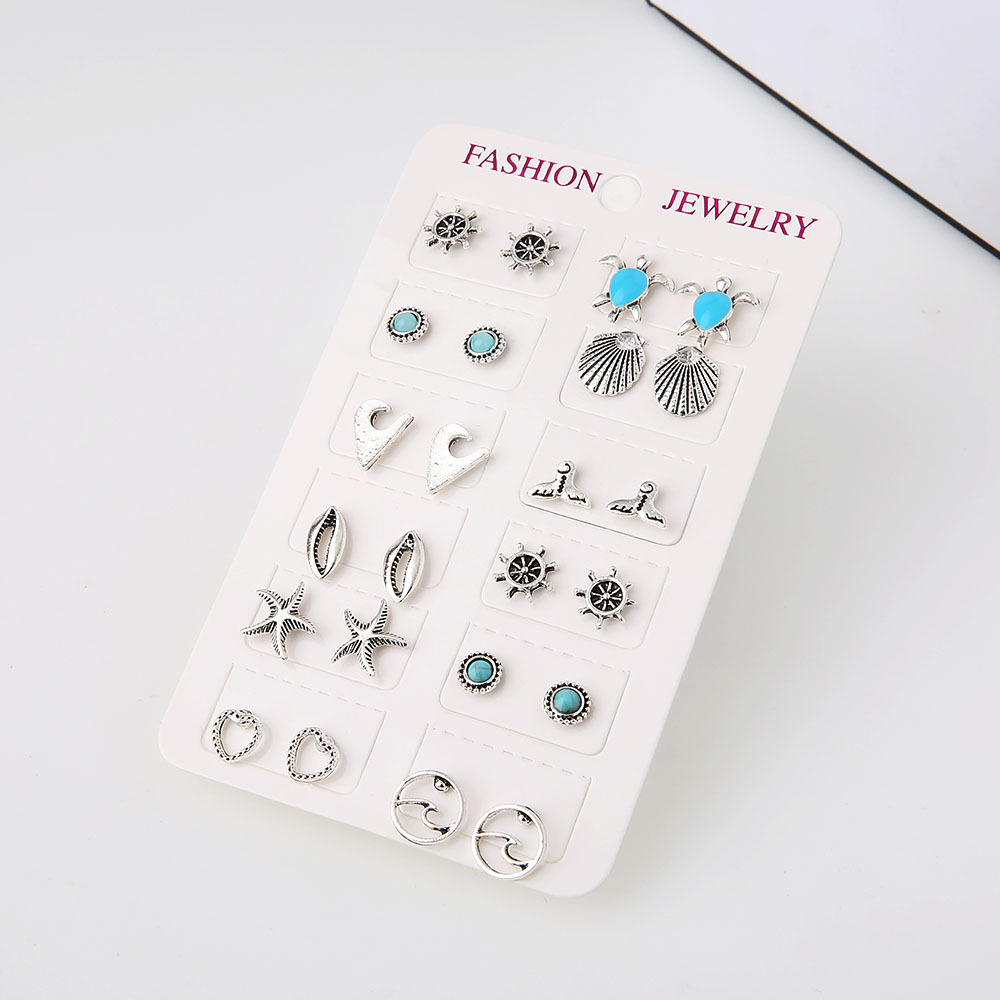 Picture of Europe and the United States cross-border new jewelry simple dripping turtle stars wave shell turquoise 12 pairs of set earrings wholesale