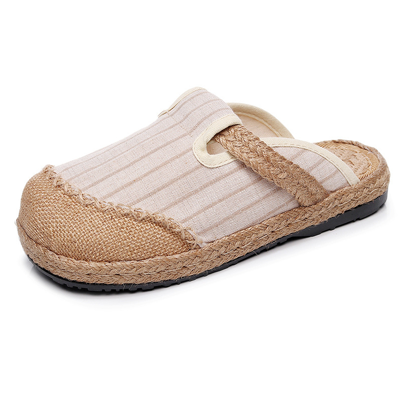 Picture of 2025 new vertical strip home cotton and linen embroidered shoes women's non-slip tpr soft bottom slippers handmade big toe shoes