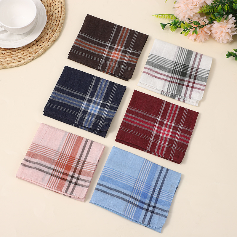 2024 New Men's Light Color Plaid Striped Handkerchief Polyester Cotton Handkerchief Towel Pocket Towel Small Square Square Classic Handkerchief