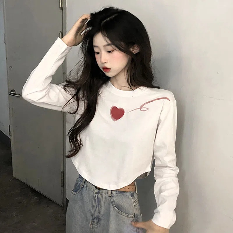 Pure Cotton Shoulder T-shirt Women's Spring and Autumn 2024 New Love Printed Loose Short Sweet and Hot Long Sleeve Top