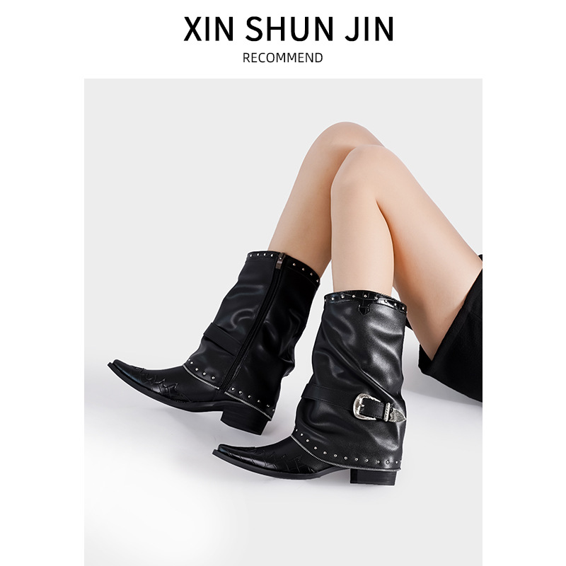 Vintage trouser boots flame design knight boots 2025 pointed thick heel martin boots rivet chain design pile boots