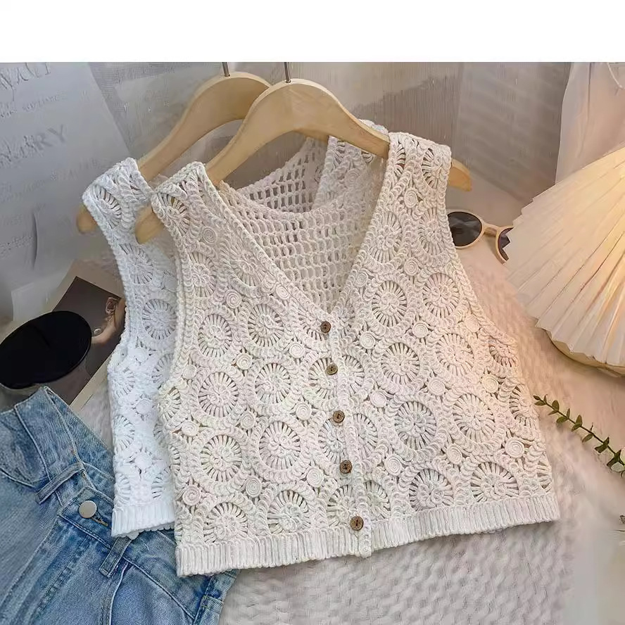Picture of Summer Twist Wooden Buckle Knitted Cardigan Loosen Sleeveless Cutout Cute vintage Vest Inner Top